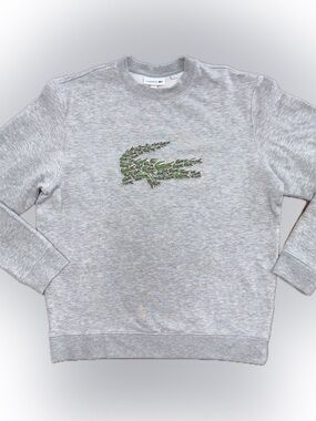 Lacoste Light Gray Crewneck Sweatshirt with Green Croc Motif